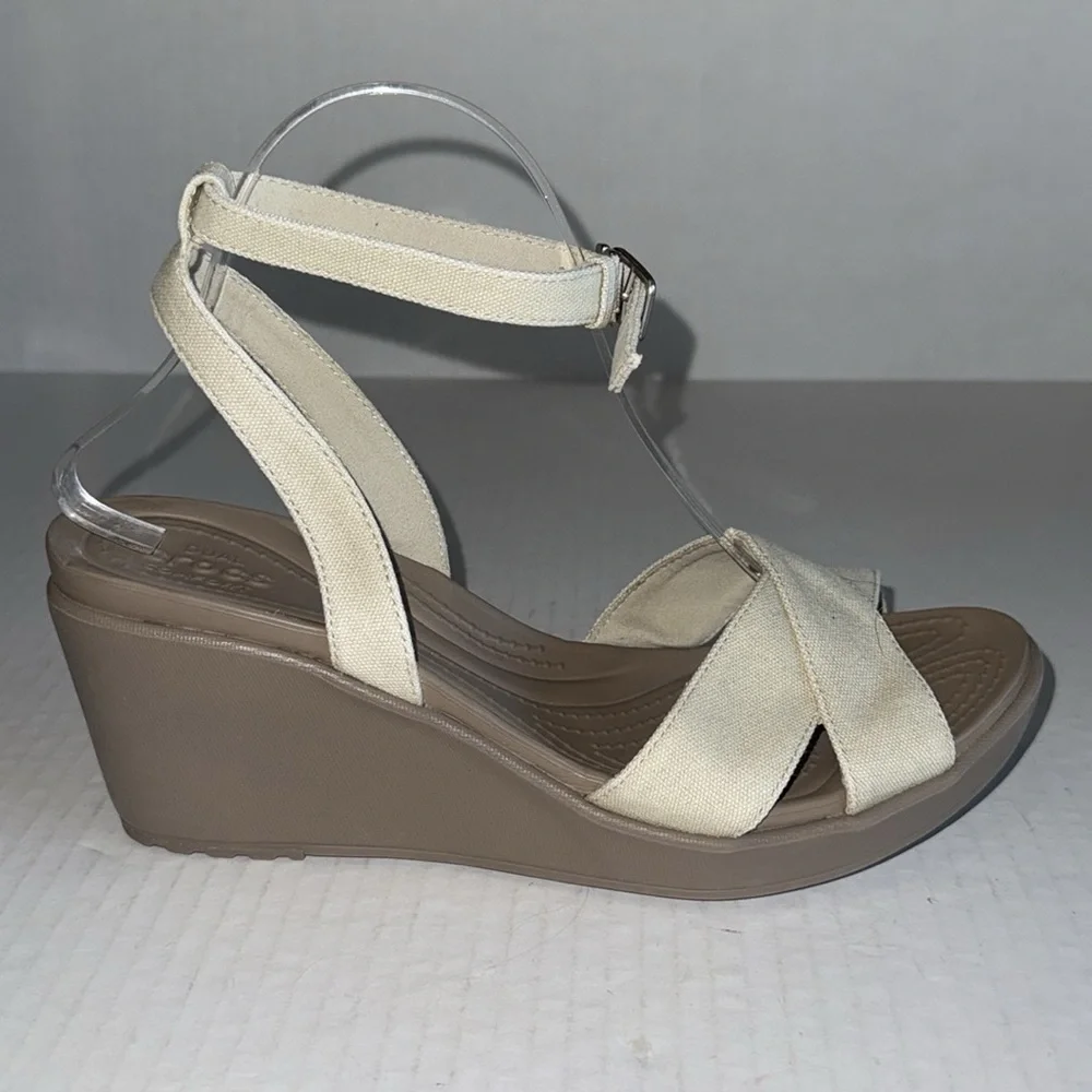 Crocs Leigh II Cream Canvas Strap Wedge Heels